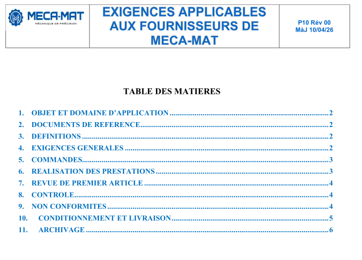 Exigences Applicables aux Fournisseurs de MECA-MAT